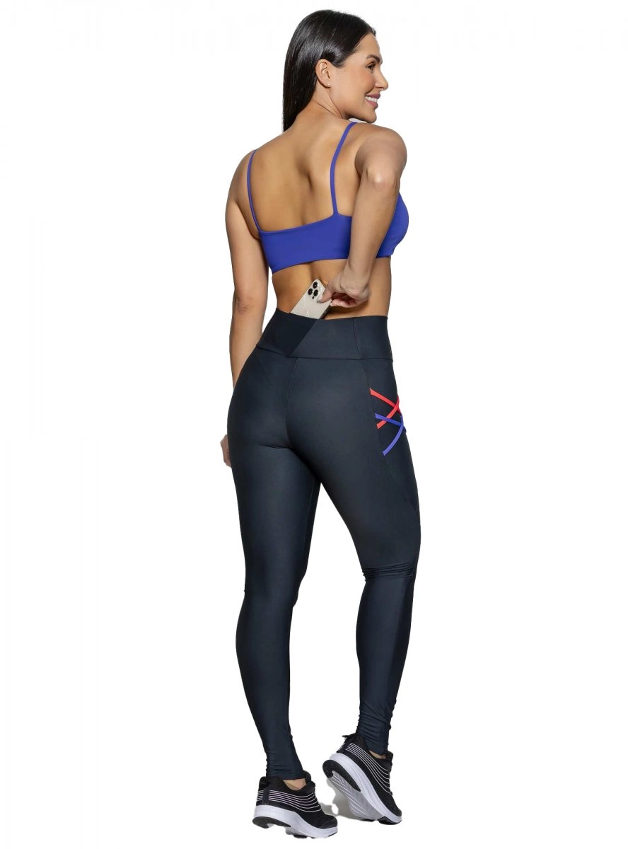 Calca Run More Com Bolso - feminino - preto e azul claro