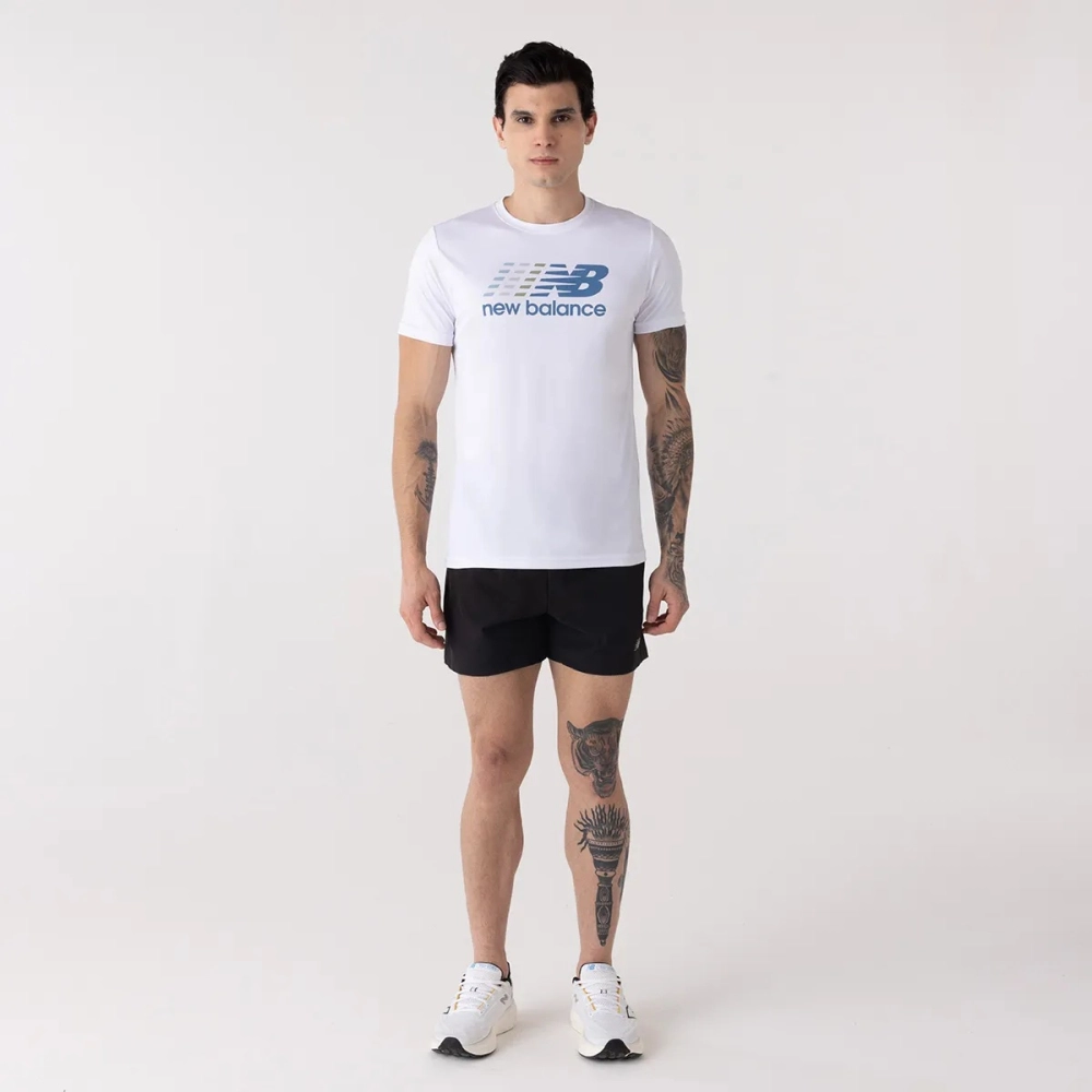 Camiseta New Balance Multi Color Performance Masculino Branco e Azul ...