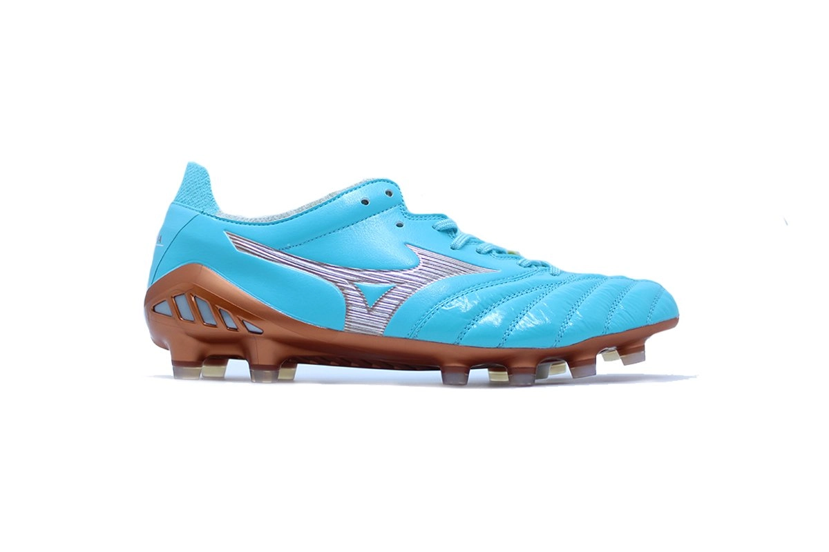 Chuteira campo Mizuno Morelia Neo III Elite - unissex - azul e bronze