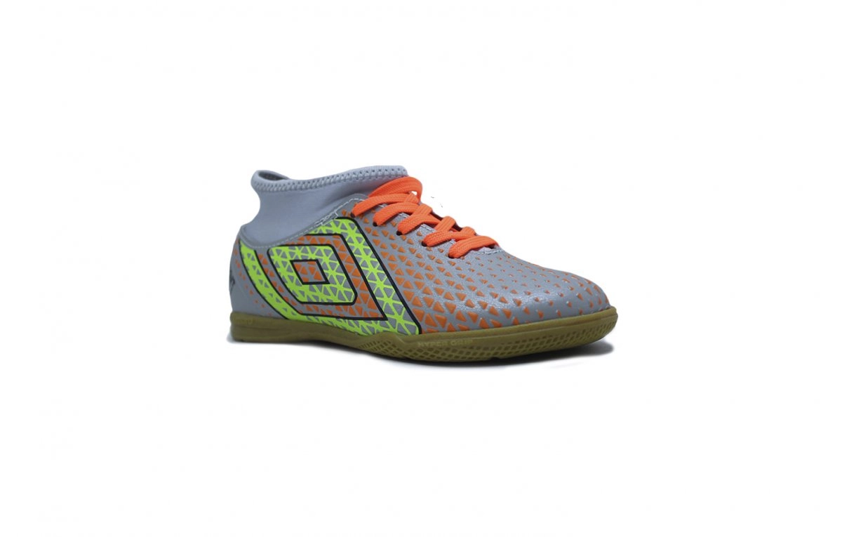 Chuteira futsal Umbro Mutant Jr infantil - unissex - cinza e laranja