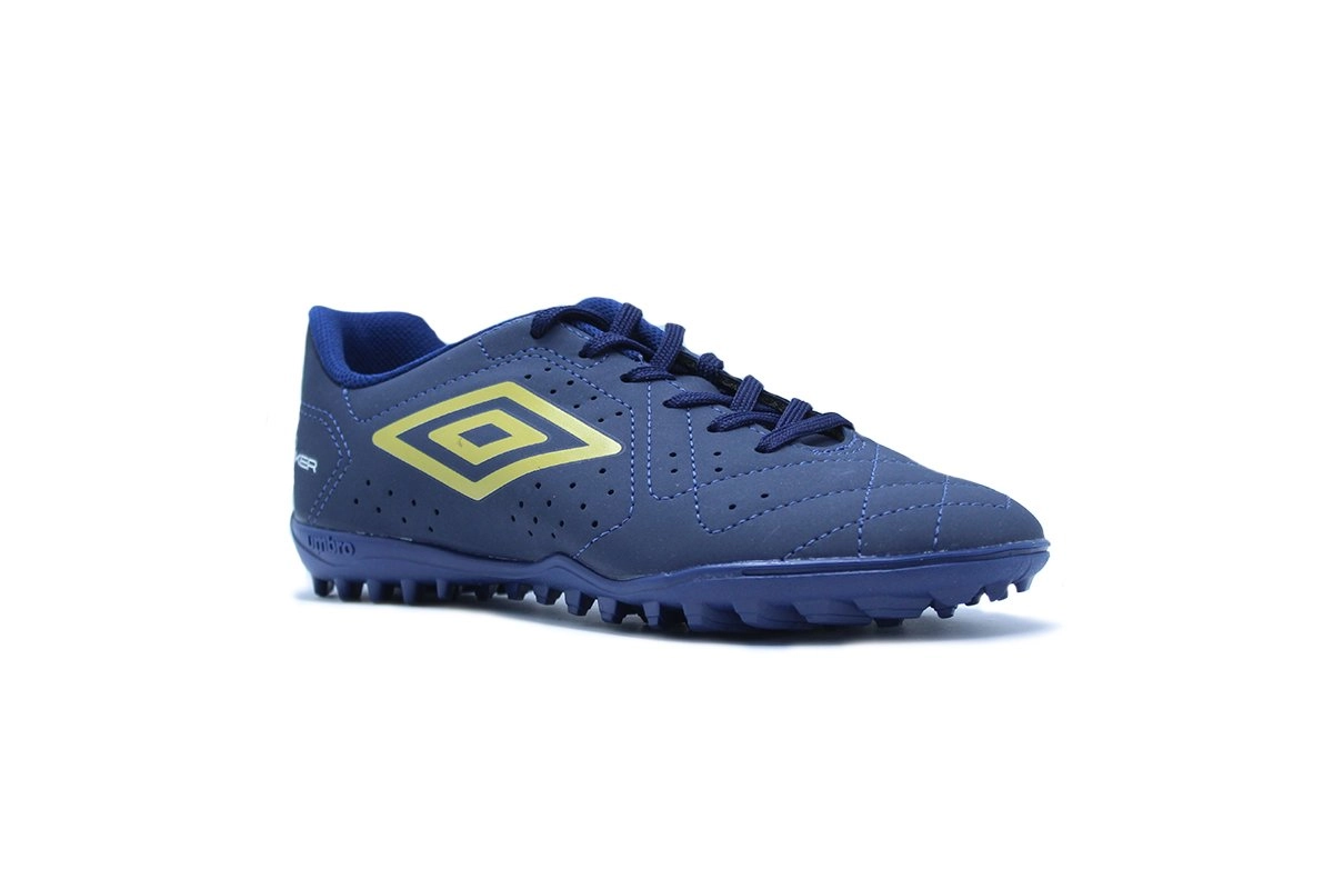 Chuteira society Umbro Neo Striker - unissex - azul e dourado