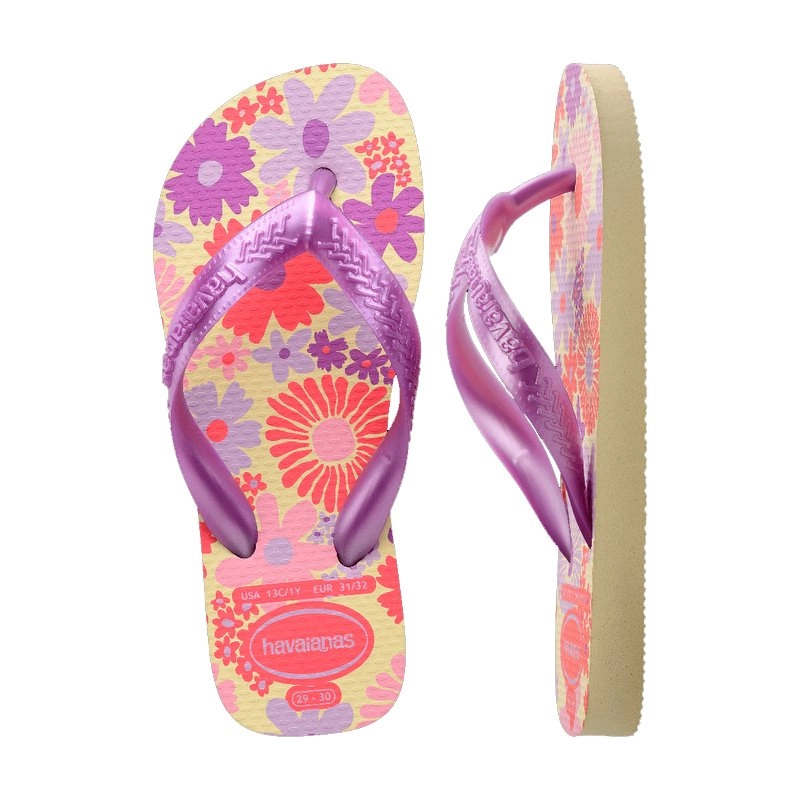 Sandalia Havaianas Kids infantil Flores Fc - unissex - amarelo e roxo