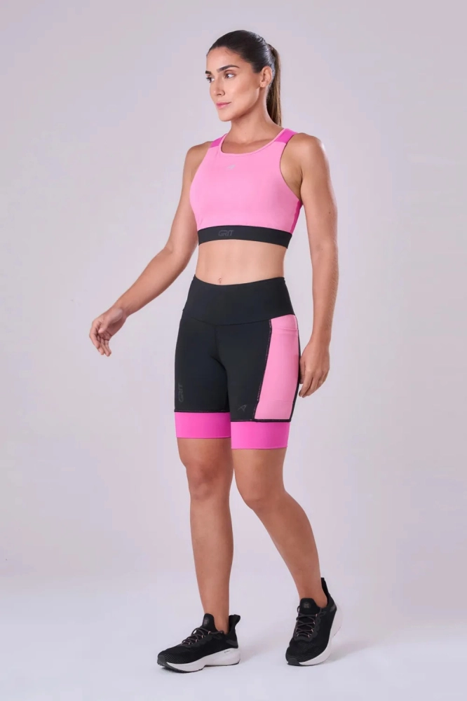 shorts authen grit bossa 3 bolsos 18cm feminino preto rosa | Kenpo